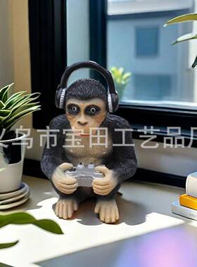 跨境大猩猩带耳机树脂摆件 创意大猩猩公仔 家居 花园 草坪摆件