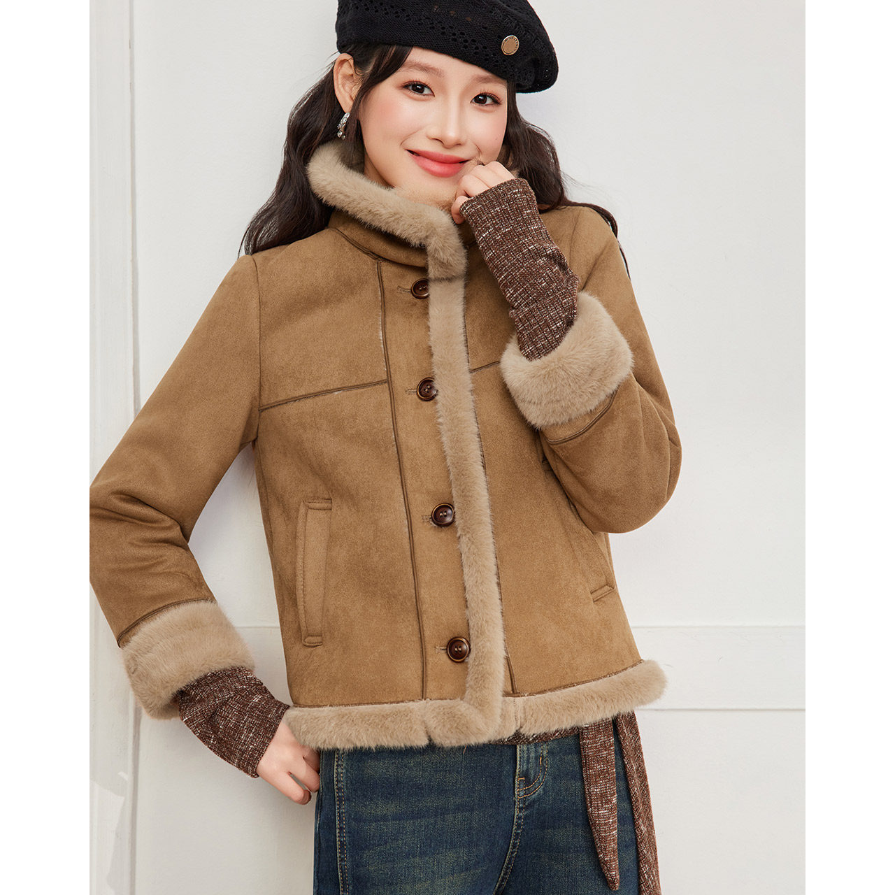 IEF/爱依服【小个子专属】2025秋冬新款磨砂皮衣女时尚宽松短外套,淘宝优惠券,粉丝福利购,淘宝优惠卷