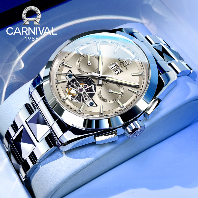 嘉年华手表官方旗舰店男士镂空自动机械表正品多功能钨钢男款腕表 - 图1