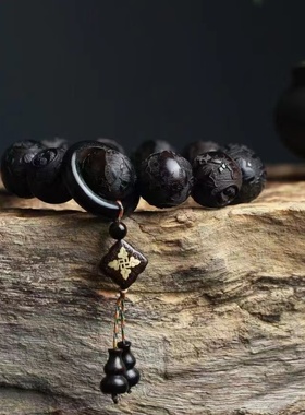 紫光檀木雕刻手串黑檀牛转乾坤文玩佛珠手链同料镶铜吊坠葫芦配饰