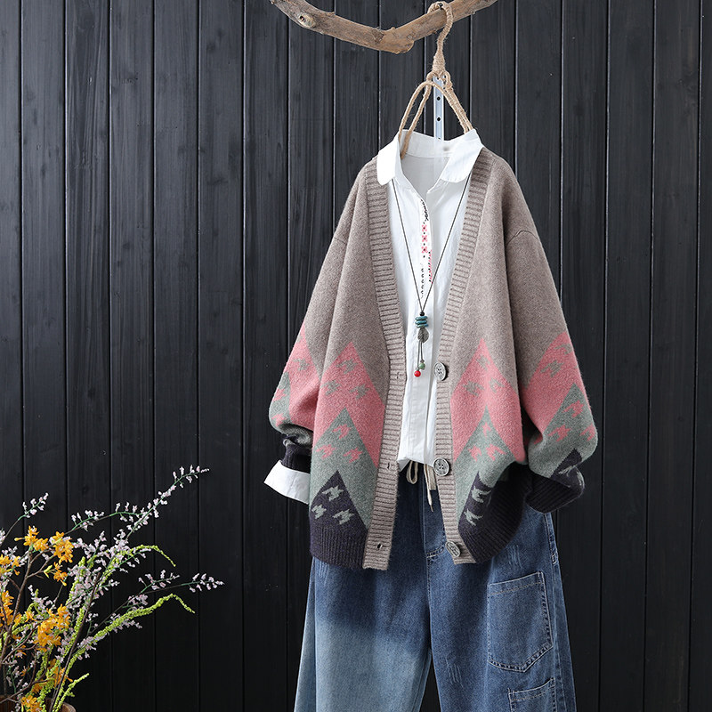 复古拼色提花针织秋冬宽松百搭开衫 marseroich毛针织衫