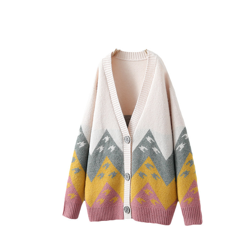 复古拼色提花针织秋冬宽松百搭开衫 marseroich毛针织衫