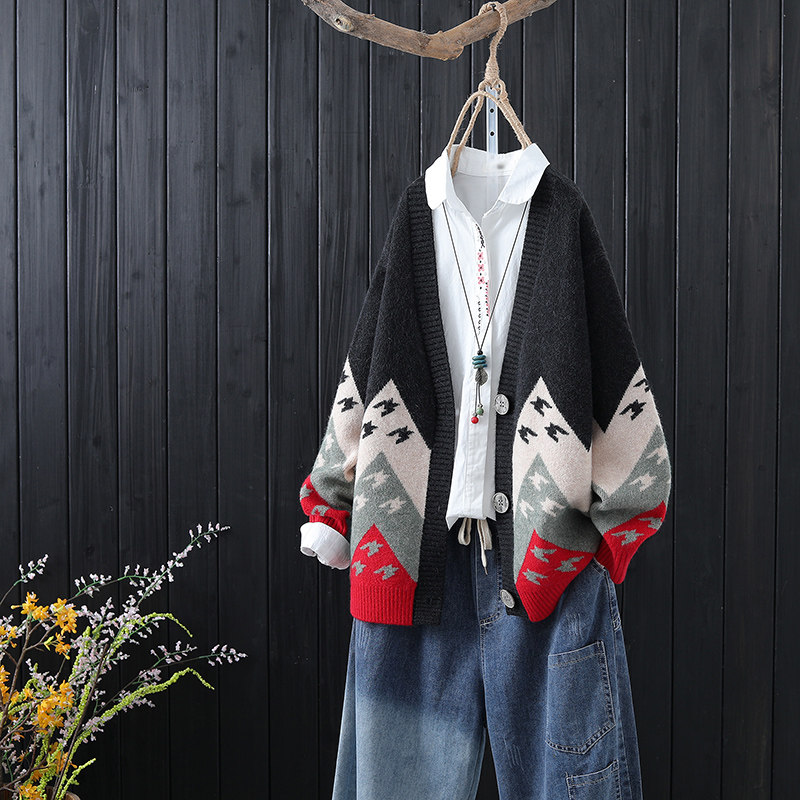 复古拼色提花针织秋冬宽松百搭开衫 marseroich毛针织衫