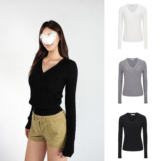 MosesQueen basic V-neck college style long-sleeved twist sweater slim knitted top