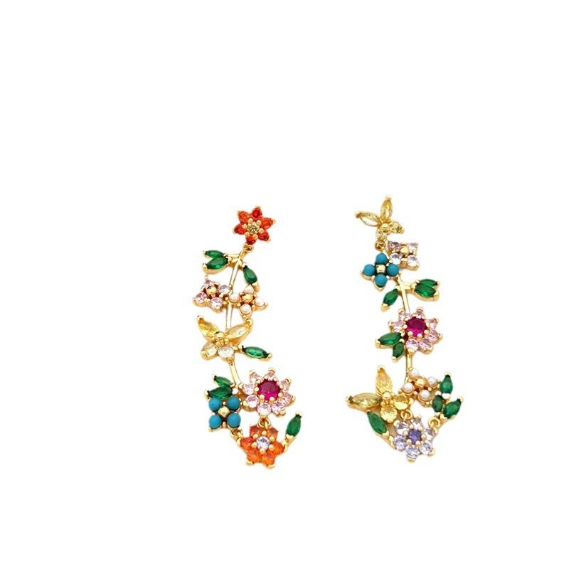 法式复古彩色锆石花朵耳坠不对称长款耳钉质感气质优雅耳饰女,淘宝优惠券,粉丝福利购,淘宝优惠卷