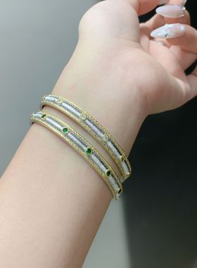 意大利布qi拉提工艺祖母绿手镯女复古宫廷风镶钻手环开口指环拉丝