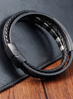 黑色皮绳牛皮男士双层不锈钢真皮编织手链手工多层皮革手镯86