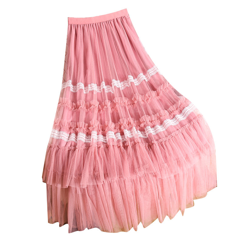 粉色仙女纱裙秋冬加长款高腰半身裙 冰心洁半身裙