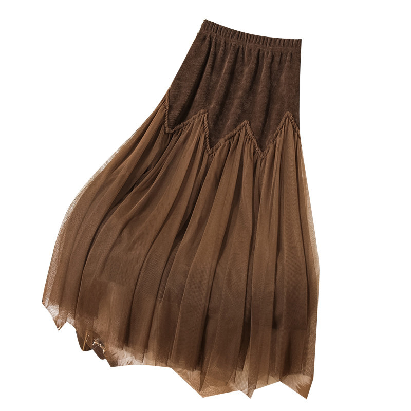 冬季网纱拼接灯芯绒纱裙大摆半身裙 冰心洁半身裙