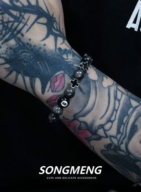 十字架台球黑8串珠手链黑曜石