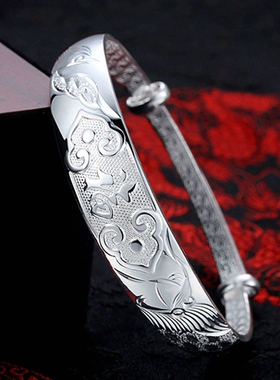 龙凤手镯生日女款999纯银母亲节礼物送妈妈实用老人实心白银镯子