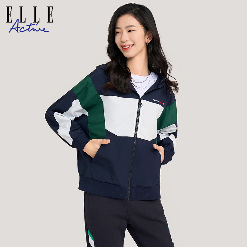 ELLE Active高街撞色梭织风衣外套女2023秋冬新款宽松拉链运动服