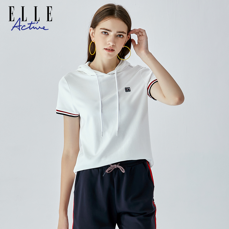 ELLE Active2024春夏百搭连帽t恤女夏季运动休闲上衣宽松短袖 - 图1