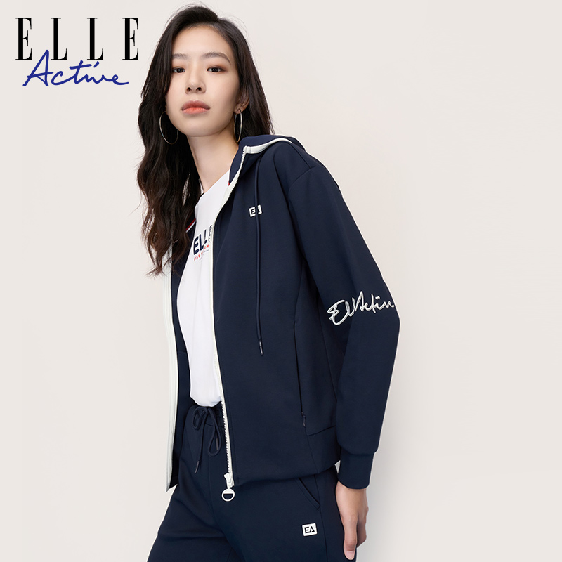 ELLE Active连帽短外套女2024春季休闲卫衣外套修身拉链运动服女-图0