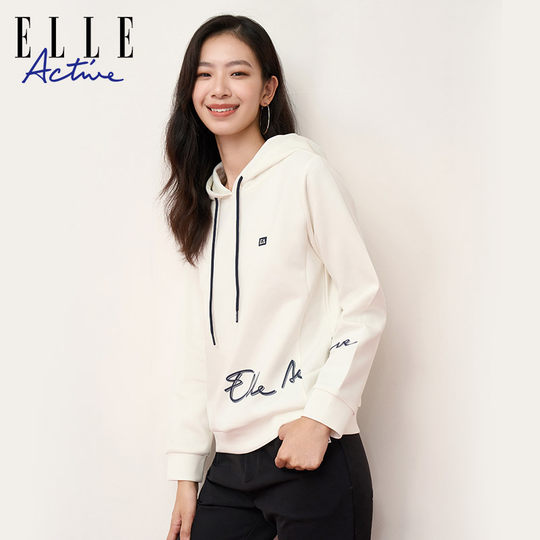 ELLE Active白色连帽卫衣女字母印花运动休闲宽松套头衫长袖上衣