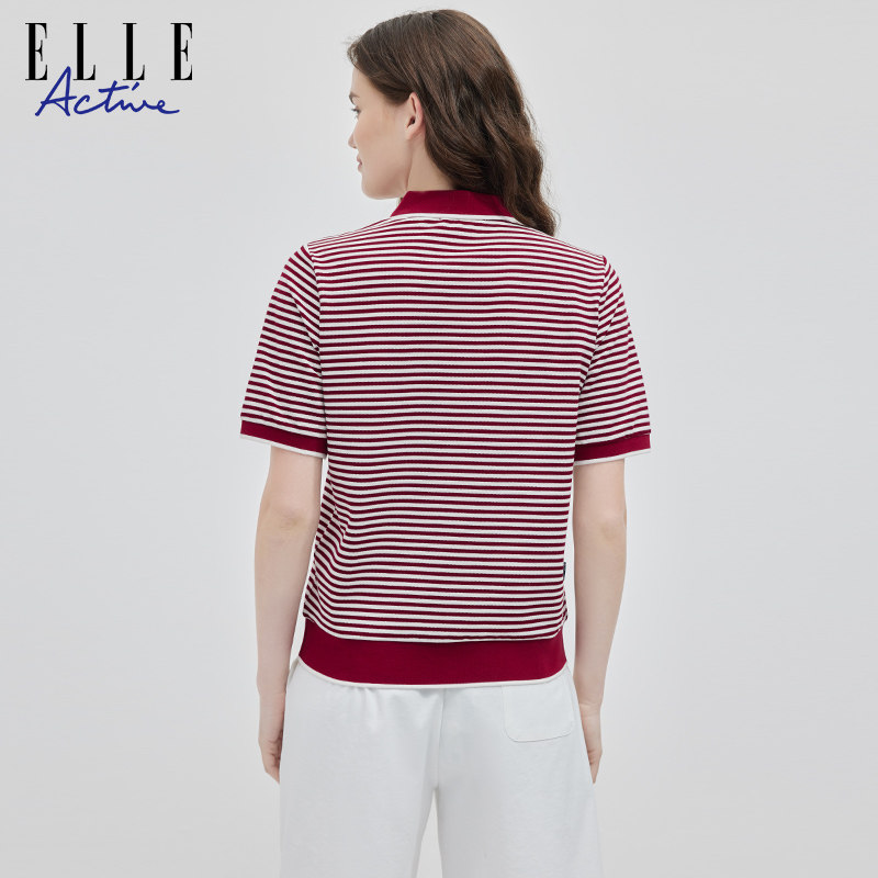 ELLE Active泽西风户外穿搭红条纹t恤女短袖polo衫休闲运动上衣,淘宝优惠券,粉丝福利购,淘宝优惠卷