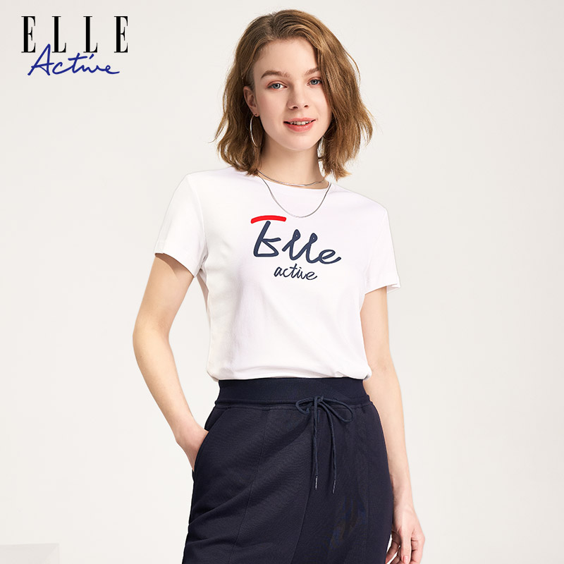 ELLE Active2024春夏新款圆领白色t恤女舒适棉修身短袖上衣体恤 - 图1