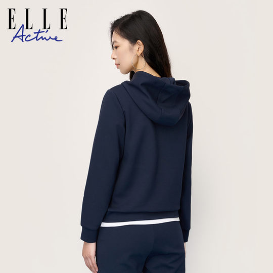 ELLE Active白色连帽卫衣女字母印花运动休闲宽松套头衫长袖上衣