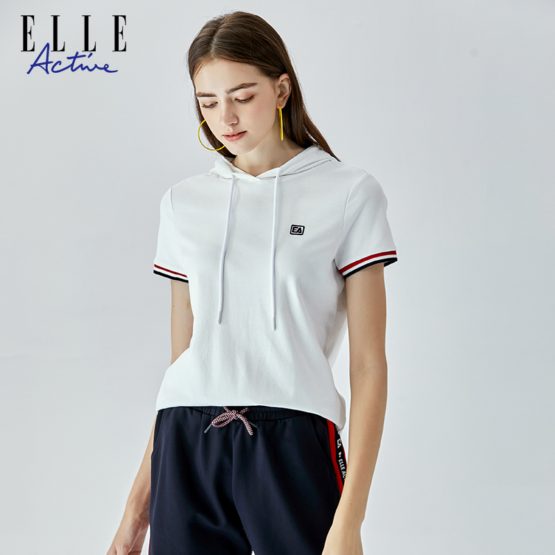 ELLE Active2024春夏百搭连帽t恤女夏季运动休闲上衣宽松短袖 - 图0