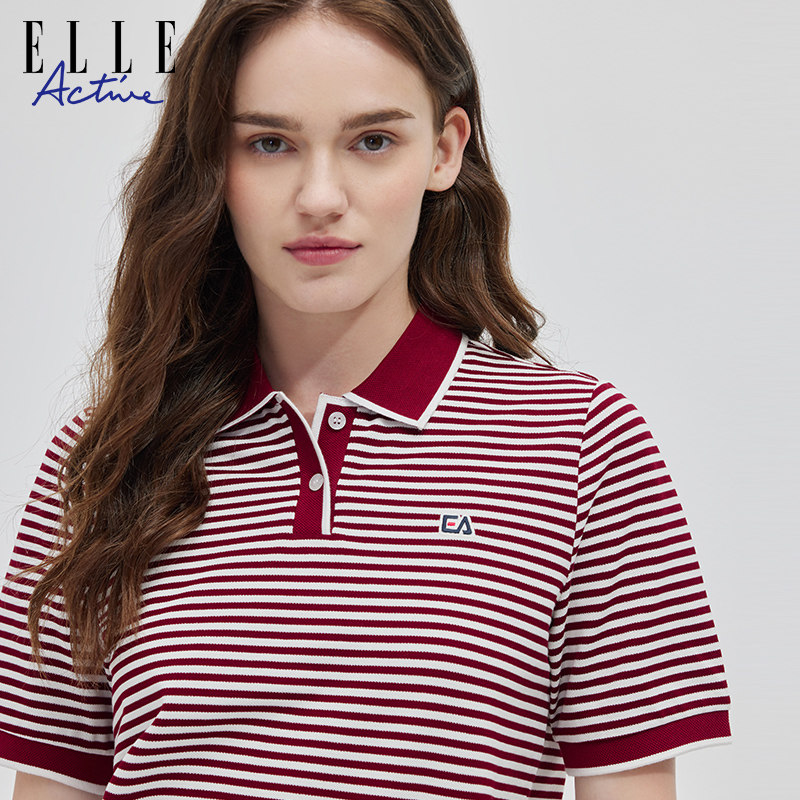 ELLE Active泽西风户外穿搭红条纹t恤女短袖polo衫休闲运动上衣,淘宝优惠券,粉丝福利购,淘宝优惠卷