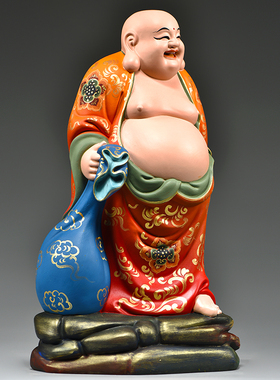 彩绘木雕刻弥勒佛像摆件家用笑佛客厅玄关装饰工艺品开业乔迁送礼