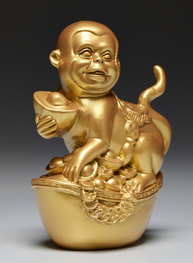 金色木雕猴子摆件生肖猴属相猴金猴献宝实木质猴工艺品桌面装饰品