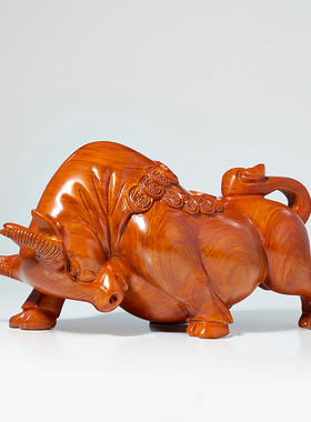 花梨实木质雕刻牛气冲天牛摆件动物生肖工艺礼品摆饰家居办公室装