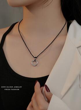 银耳环9999纯银女正品足银编织黑绳平安福圆环项链女情侣款个性简