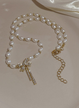 韩系结珍珠项链女甜美小众百搭串珠锁骨链设计感个性配饰