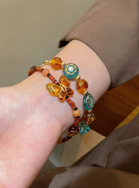 新中式彩色串珠花朵树叶手链女小众高级民族风手串配饰品