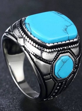 欧美跨境蓝松石戒指复古个性潮男配饰古银色指环戒指