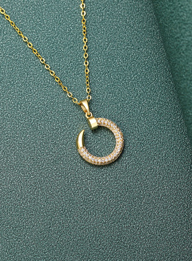 高质锆石几何形微镶钩子吊坠项链高级感不锈钢链锁骨链女