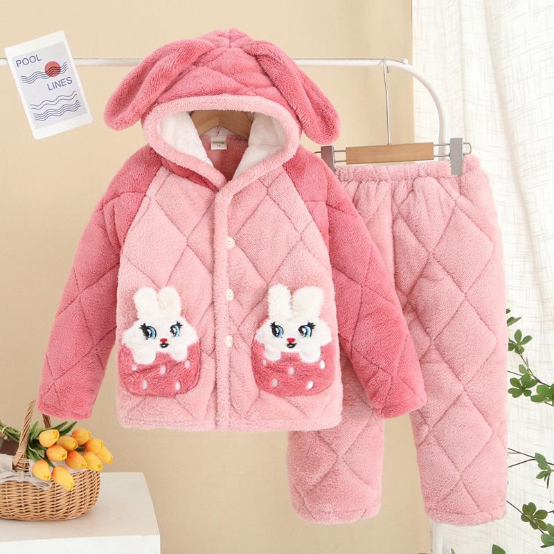 冬天女童法兰绒睡衣连帽儿童家居服保暖棉服三层夹棉加厚袄子外穿