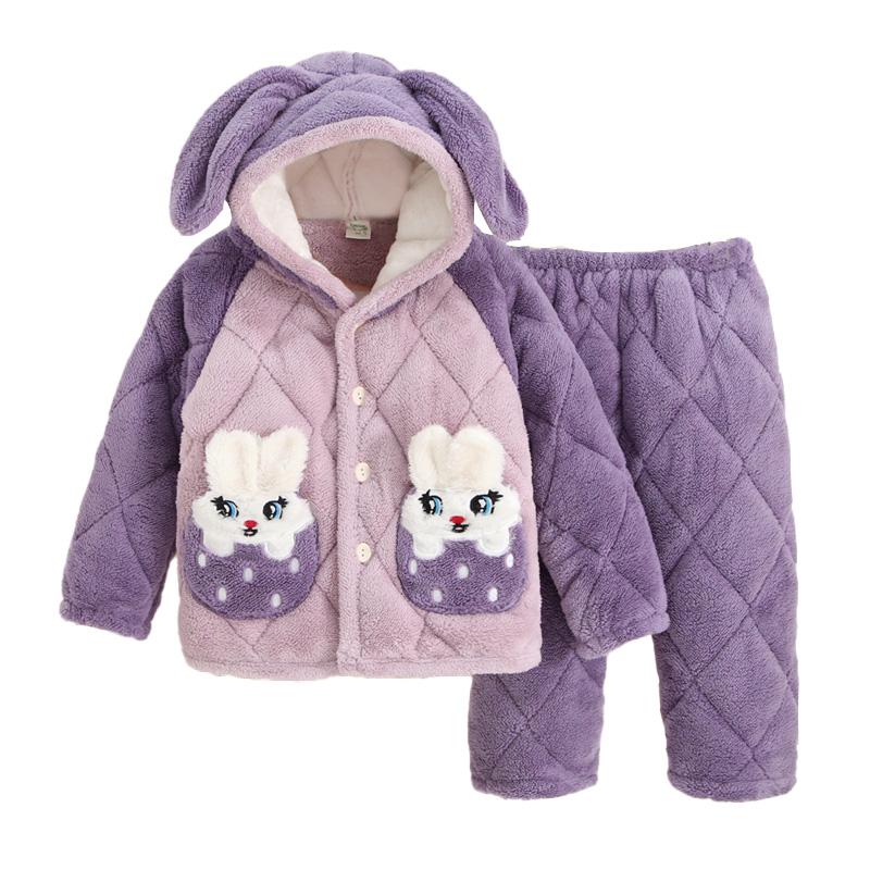 冬天女童法兰绒睡衣连帽儿童家居服保暖棉服三层夹棉加厚袄子外穿