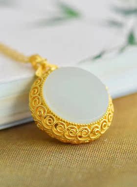 天然S925银镶和田玉圆平面步步生莲香囊镂空吊坠女款礼物饰品包邮