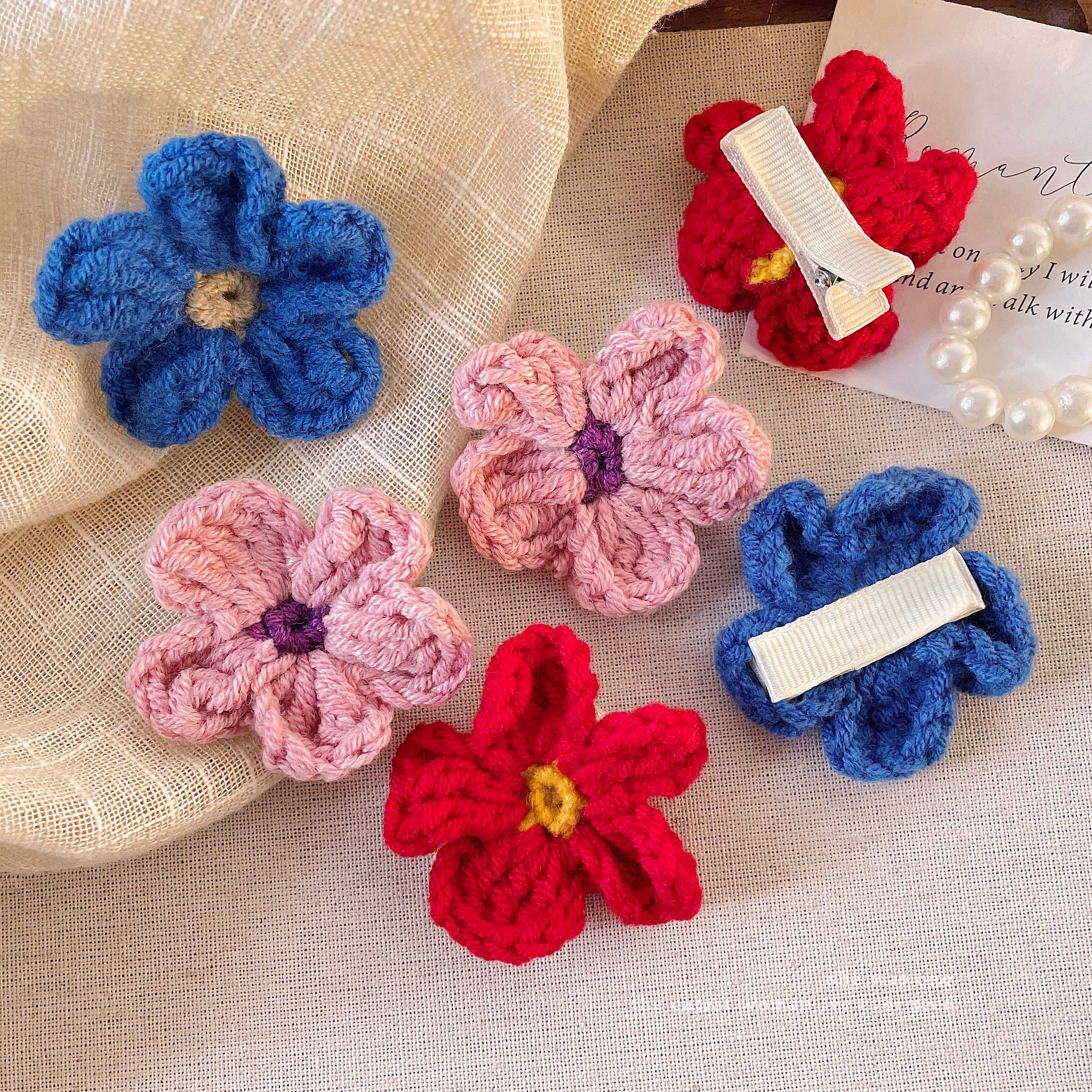 克莱因蓝毛线花朵发夹女前额侧边刘海夹子气质碎发鸭嘴夹发卡头饰 - 图3