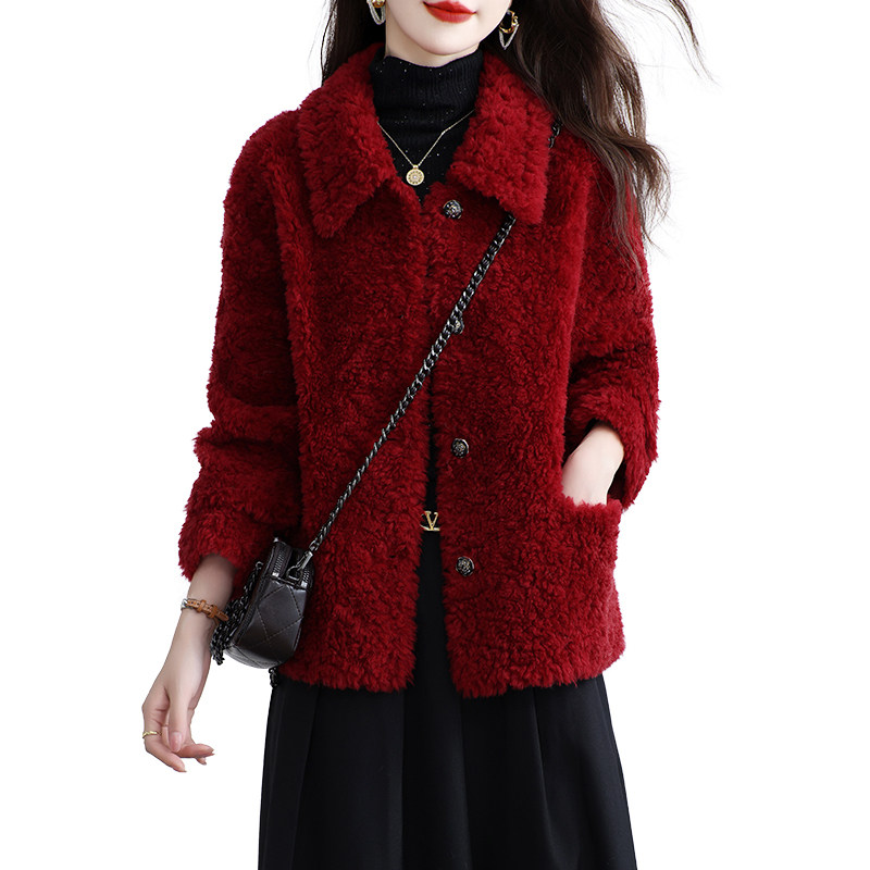 新款海宁颗粒绒皮草外套女短款羊剪绒一体简约妈妈羊羔毛大衣冬季 - 图3