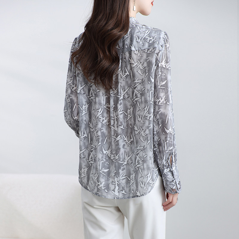 杭州真丝上衣女妈妈长袖水墨竹叶桑蚕丝国风衬衫洋气小众春秋小衫,淘宝优惠券,粉丝福利购,淘宝优惠卷