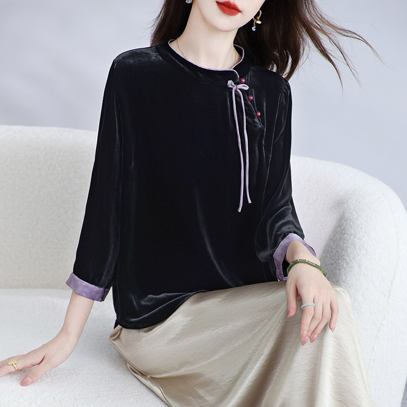 新款真丝丝绒上衣女七分袖桑蚕丝T恤新中式纯色遮肉显瘦外套春秋,淘宝优惠券,粉丝福利购,淘宝优惠卷