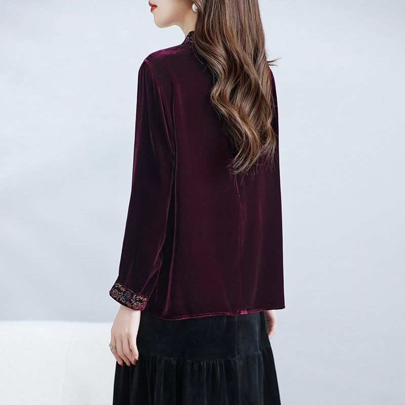 婚宴真丝丝绒上衣女装九分袖桑蚕丝T恤刺绣国风遮肉妈妈外套春秋,淘宝优惠券,粉丝福利购,淘宝优惠卷