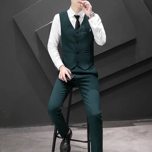 春秋男士西装马甲西裤衬衫套装韩版结婚礼服三件套职业装西服马夹 - 图2