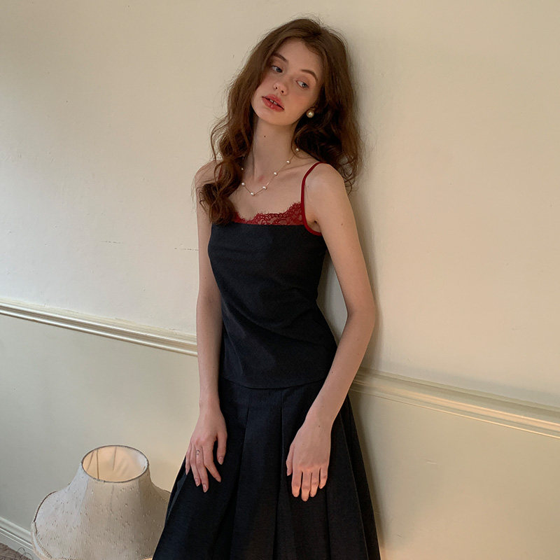 竹依依法式复古性感少女蕾丝拼接黑色吊带裙套装女夏修身显瘦款,淘宝优惠券,粉丝福利购,淘宝优惠卷