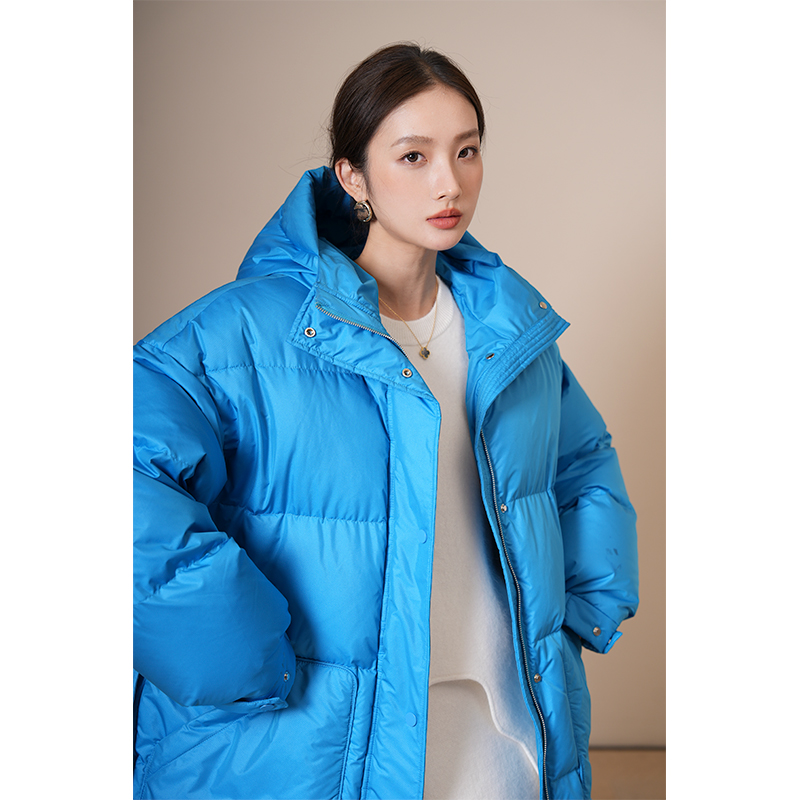 竹依依蓝色短款90白鹅绒羽绒服女冬2025新款加厚连帽高级感超好看