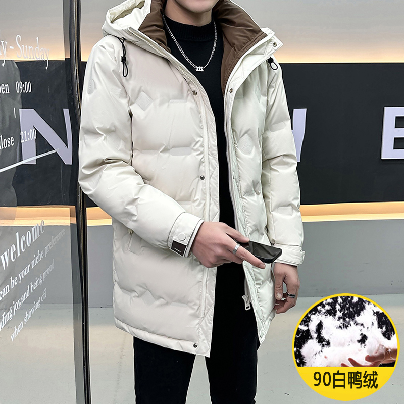 冬季新款男士中长款连帽大码羽绒服白鸭绒潮流保暖中青年拼色外套