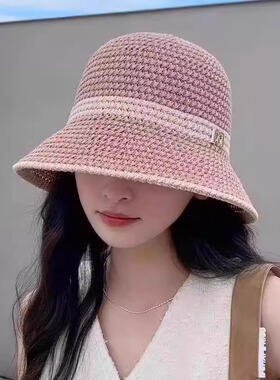 渔夫帽女新款字母编织草帽夏季