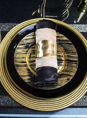 酒店摆台家用骨瓷套装黑色金边样板房餐具平盘西餐牛排餐盘碟