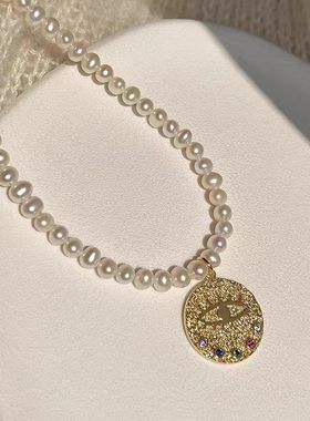 莫桑石圆形硬币恶魔之眼项链