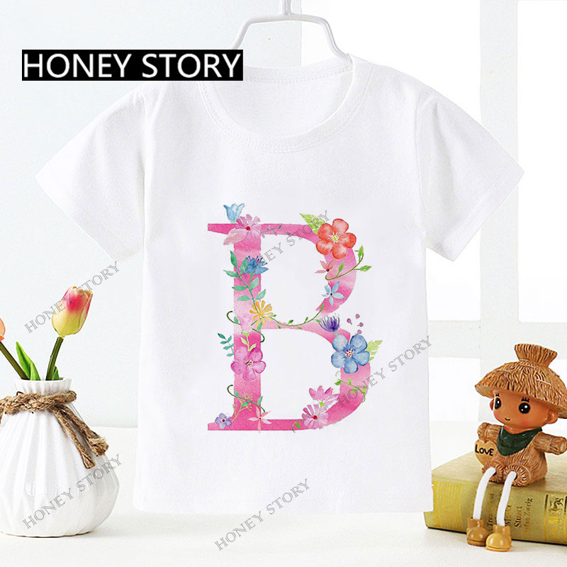 Letter Flower Kids T-shirt花朵26英文字母ABCDE男女儿童T恤童装 - 图1