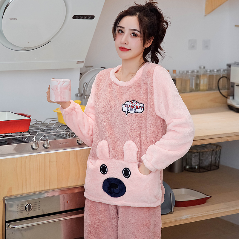 丹弗顿旗舰店小熊款珊瑚绒秋冬女睡衣保暖可爱学生卡通法兰绒长袖可外穿家居服0