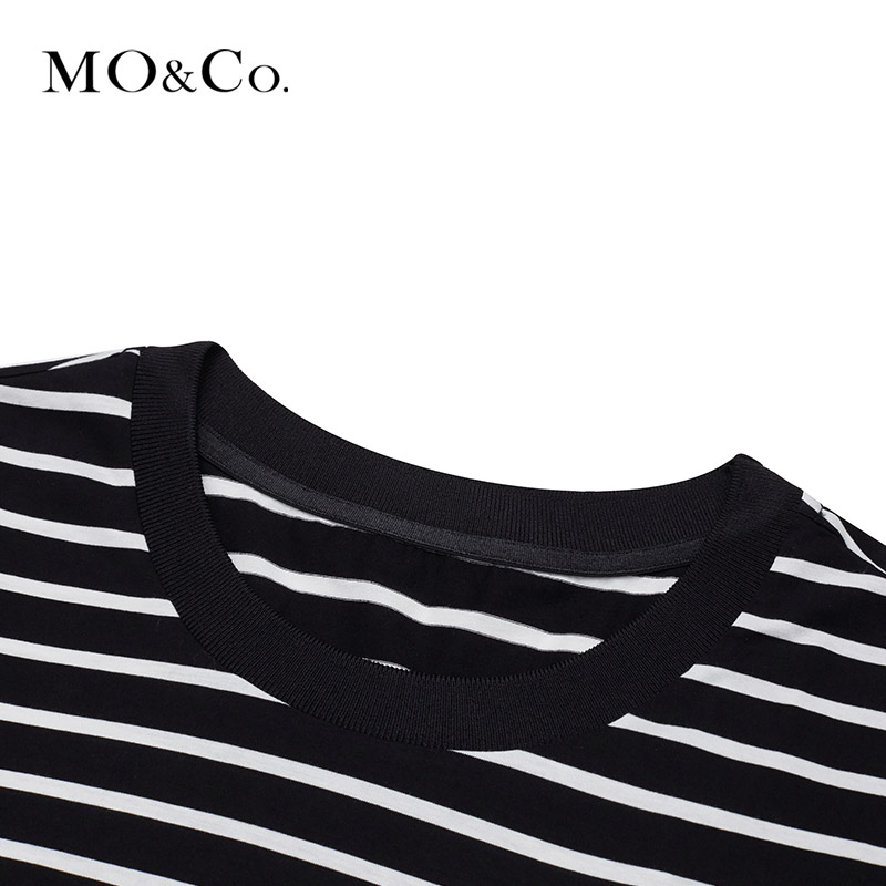 MOCO夏季新品纯棉圆领黑白条纹连衣裙MBO2DRST11 摩安珂